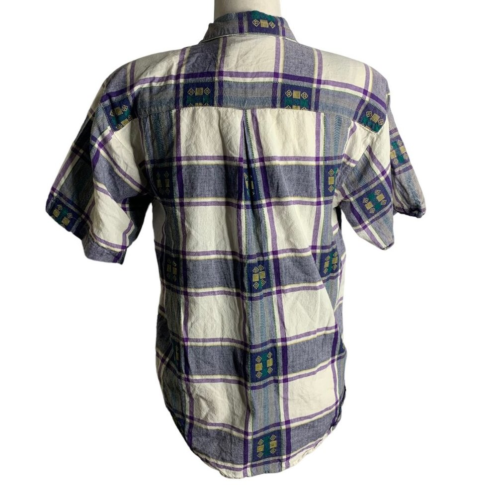 Vintage Button Up Shirt Shorts Set M Purple Plaid Embroidered Pockets Elastic - Picture 6 of 11